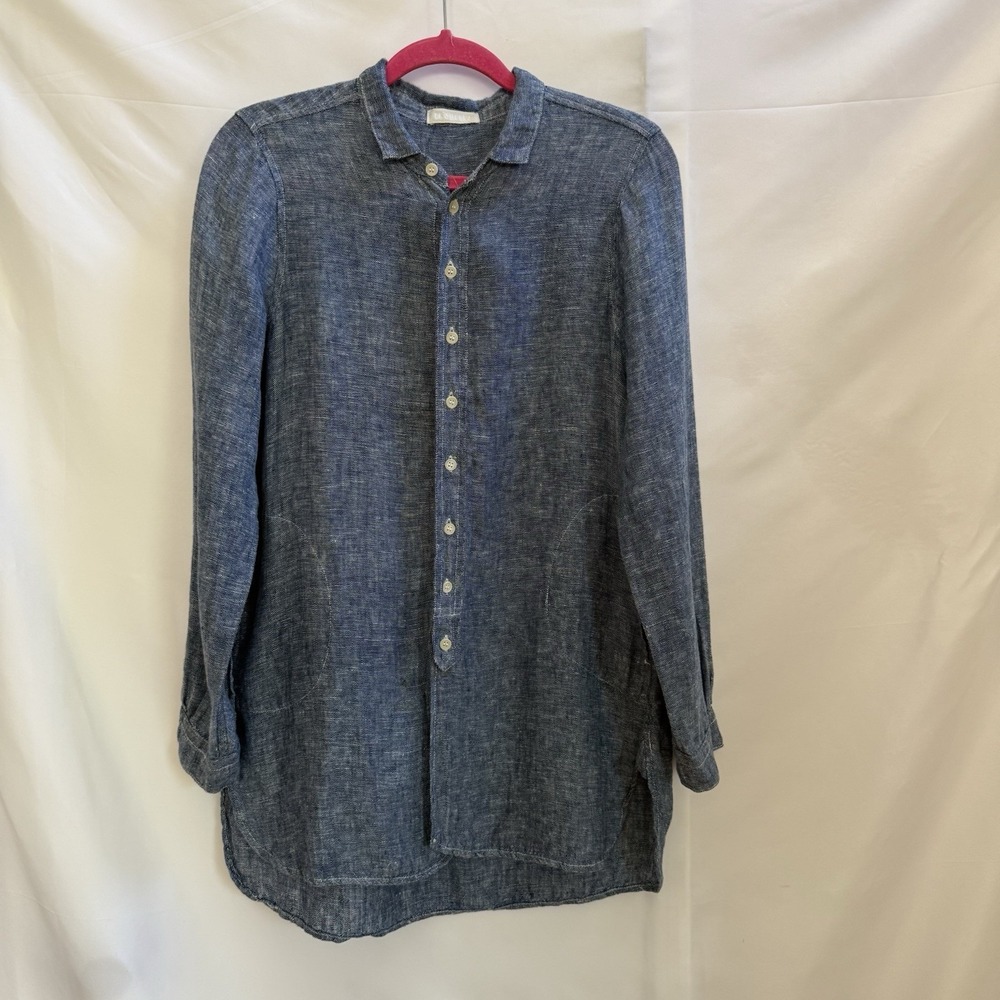 CP Shades Blue Denim Style Linen Button Down Top Pockets Lagenlook Coastal Small